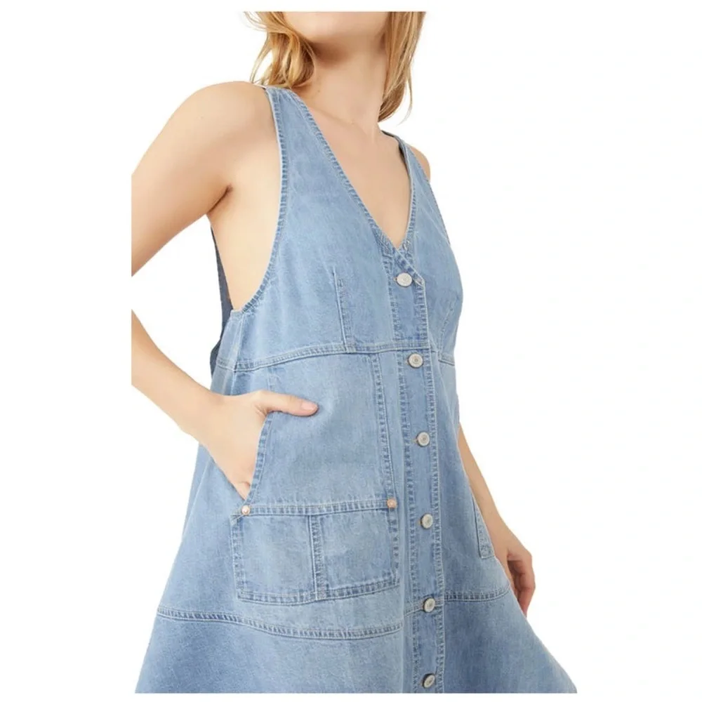 FREE PEOPLE Blue Bloom Pocket Full of Sunshine Denim Button-Up Shift Dress M - Picture 5 of 9